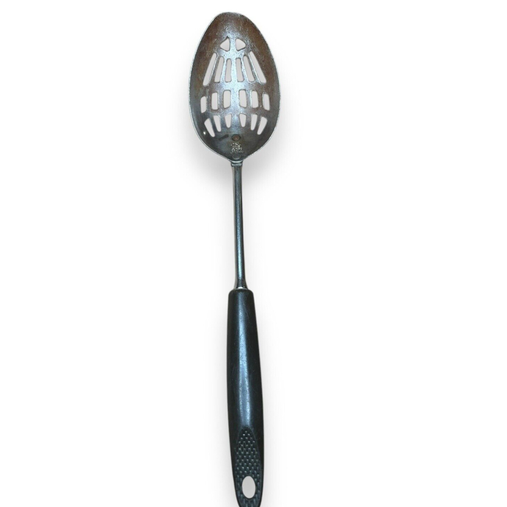 Vintage EKCO Flint Stainless Steel Slotted Spoon Composite Black Handle
